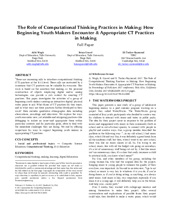 (PDF) The Role of Computational Thinking Practices in Making