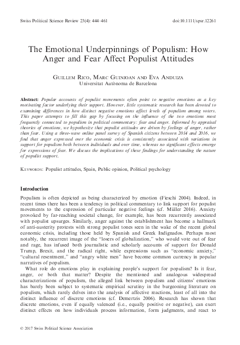 (PDF) The Emotional Underpinnings of Populism: How Anger and Fear ...
