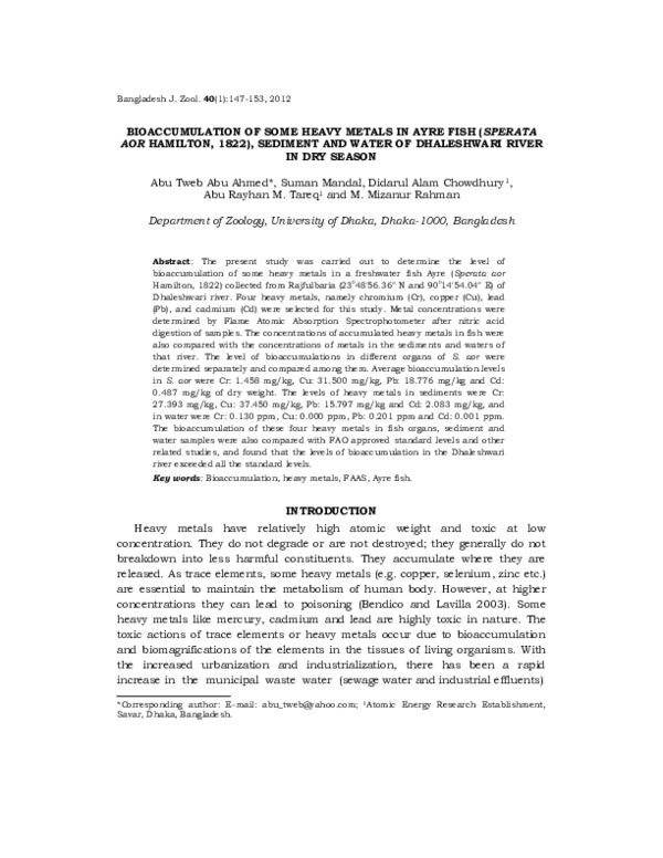 (PDF) Bioaccumulation of Some Heavy Metals in Ayre Fish (Sperata Aor ...