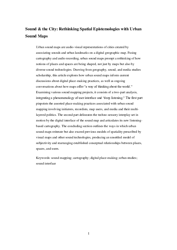 (PDF) Sound & the City: Rethinking Spatial Epistemologies with Urban ...