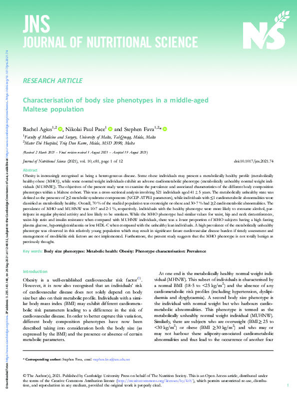 (PDF) Characterisation of body size phenotypes in a middle-aged Maltese ...