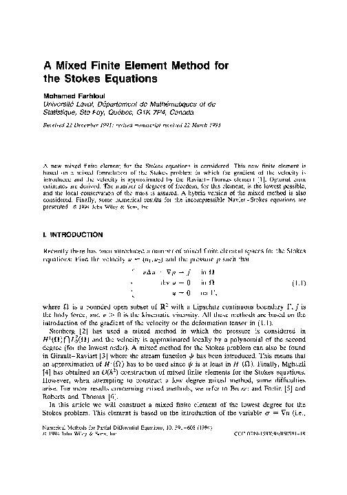 (PDF) A mixed finite element method for the Stokes equations