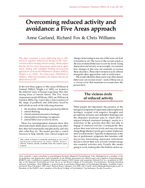 (PDF) Overcoming reduced activity and avoidance: a Five Areas approach