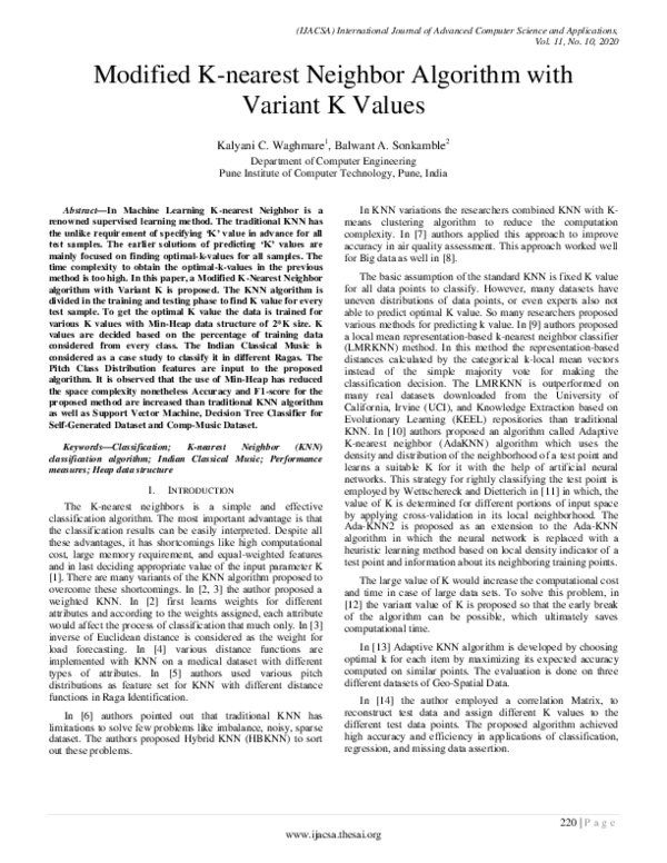 (PDF) Modified K-nearest Neighbor Algorithm with Variant K Values