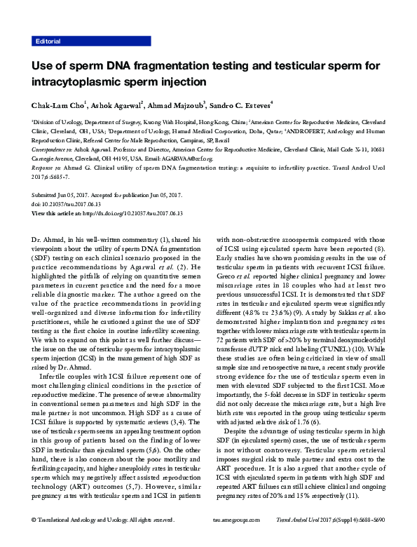 (PDF) Use of sperm DNA fragmentation testing and testicular sperm for ...