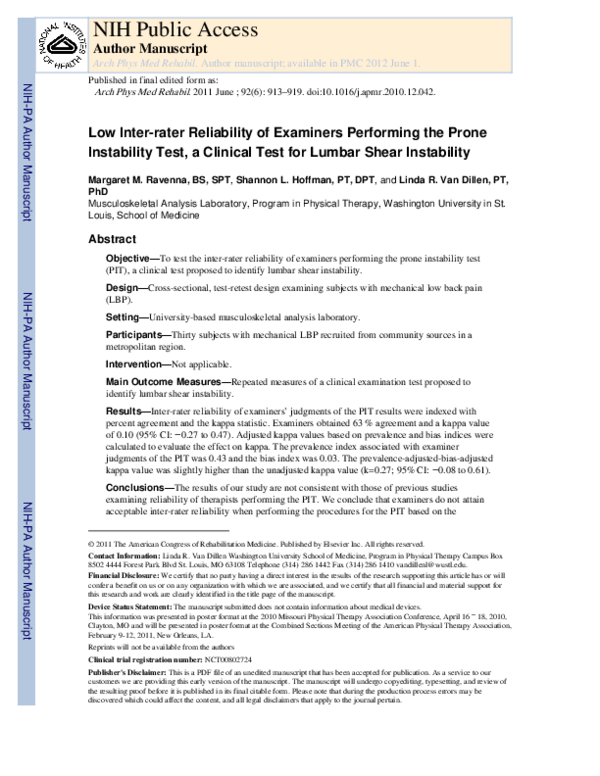 (PDF) Low Interrater Reliability of Examiners Performing the Prone ...