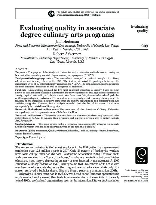 (PDF) Evaluating Quality in Associate Degree Culinary Arts Programs