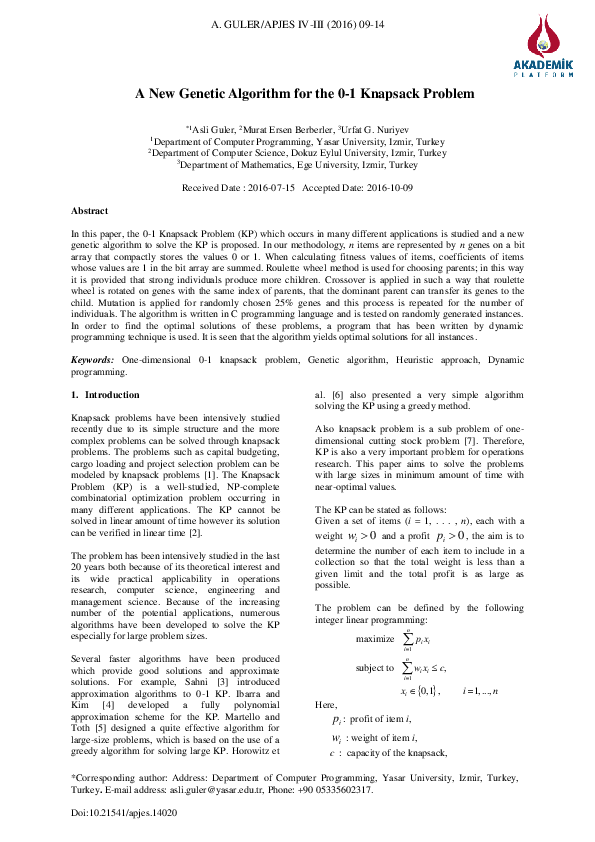 (PDF) A New Genetic Algorithm for the 0-1 Knapsack Problem