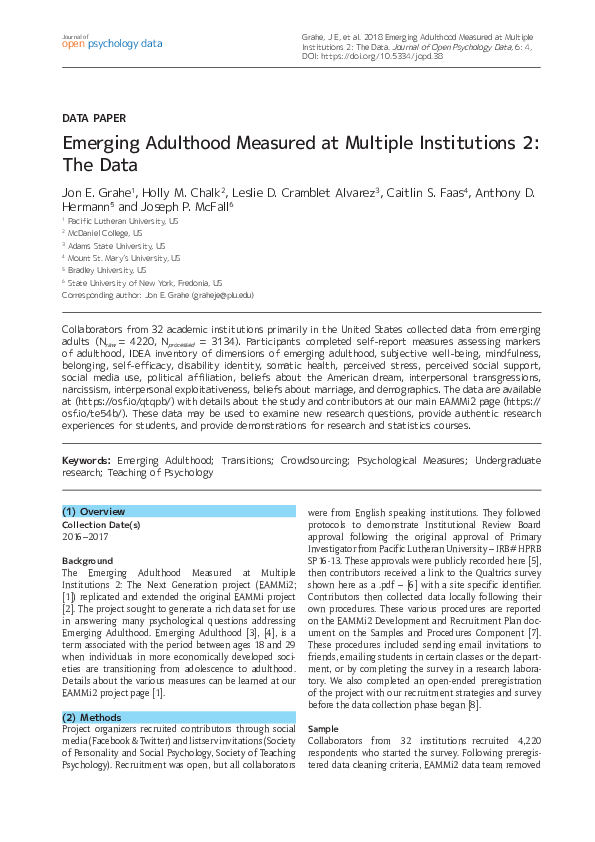 (PDF) Emerging Adulthood Measured at Multiple Institutions 2: The Data