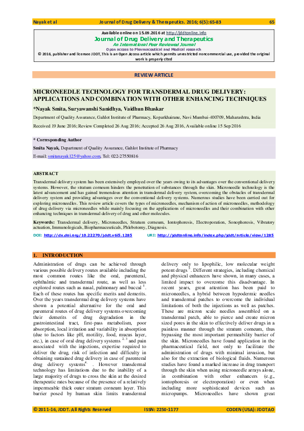 (PDF) Microneedle Technology for Transdermal Drug Delivery ...