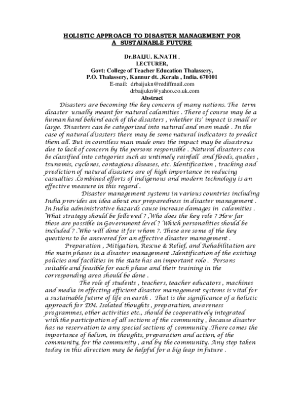 (PDF) Holistic Approach to Disaster Management for a Sustainable Future