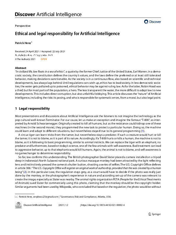 (PDF) Ethical and legal responsibility for Artificial Intelligence