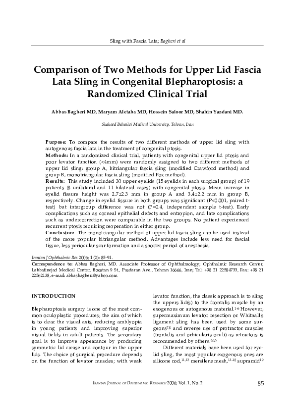 (PDF) Comparison of Two Methods for Upper Lid Fascia Lata Sling in ...