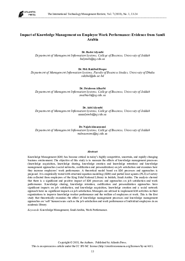 (PDF) Impact of Knowledge Management on Employee Work Performance ...