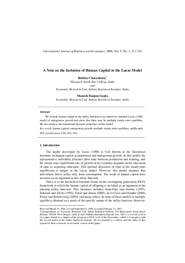 (PDF) A Note on the Inclusion of Human Capital in the Lucas Model