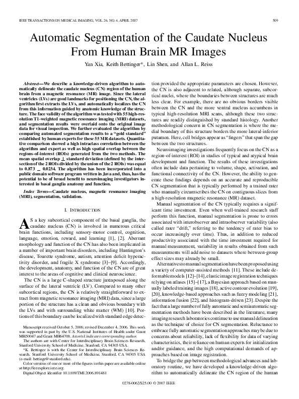 (PDF) Automatic Segmentation of the Caudate Nucleus From Human Brain MR ...