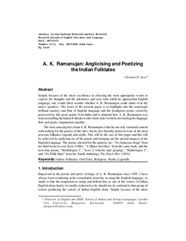 (PDF) A. K. Ramanujan: Anglicising and Poetizing the Indian Folktales