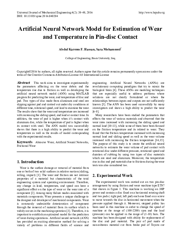 (PDF) Artificial Neural Network Model for Estimation of Wear and ...