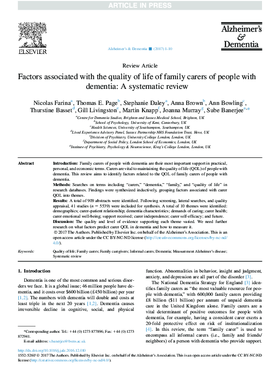 (PDF) Factors associated with the quality of life of family carers of ...