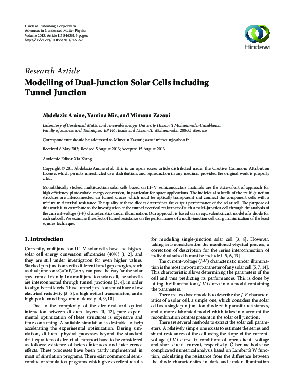 (PDF) Modelling of Dual-Junction Solar Cells including Tunnel Junction