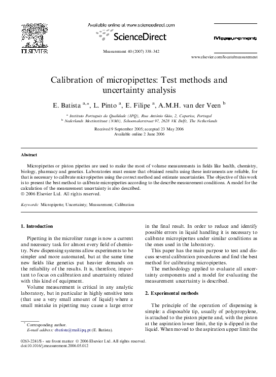 (PDF) Calibration of micropipettes Test methods and uncertainty