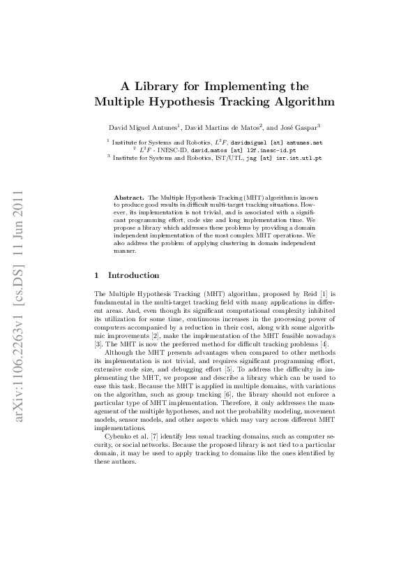 (PDF) A Library for Implementing the Multiple Hypothesis Tracking Algorithm