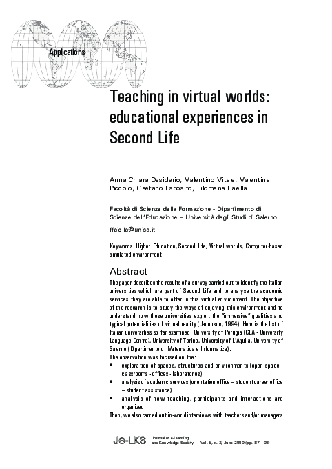 (PDF) Teaching in virtual worlds: educational experiences in Second Life