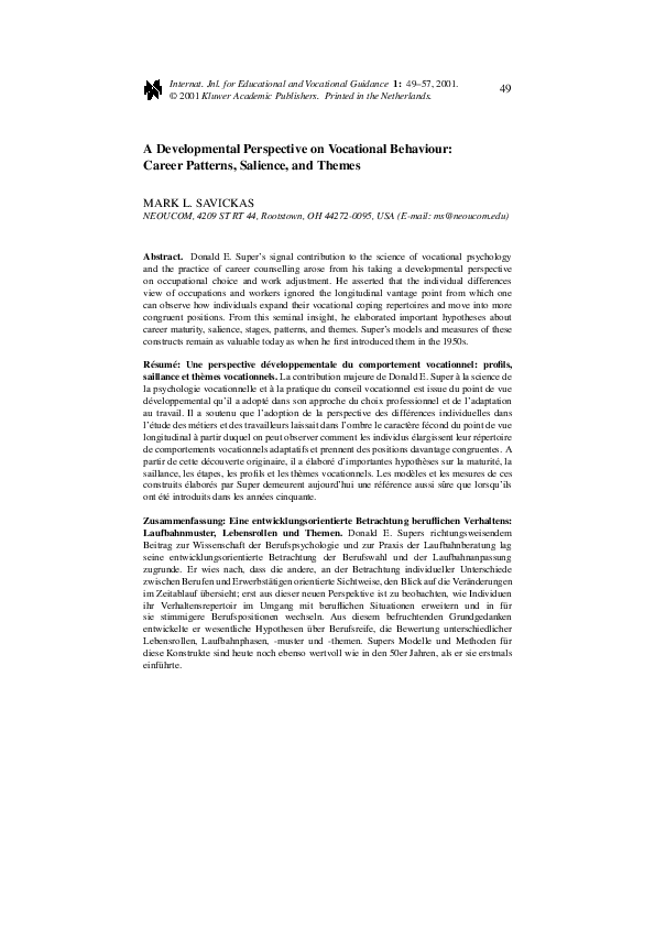 (PDF) A developmental perspective on vocational behaviour: Career