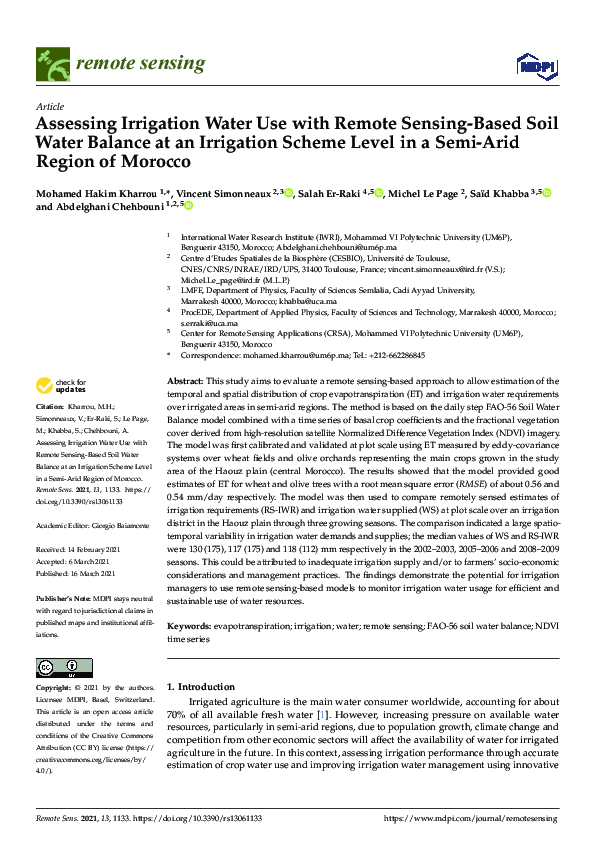 (PDF) Assessing Irrigation Water Use with Remote Sensing-Based Soil ...