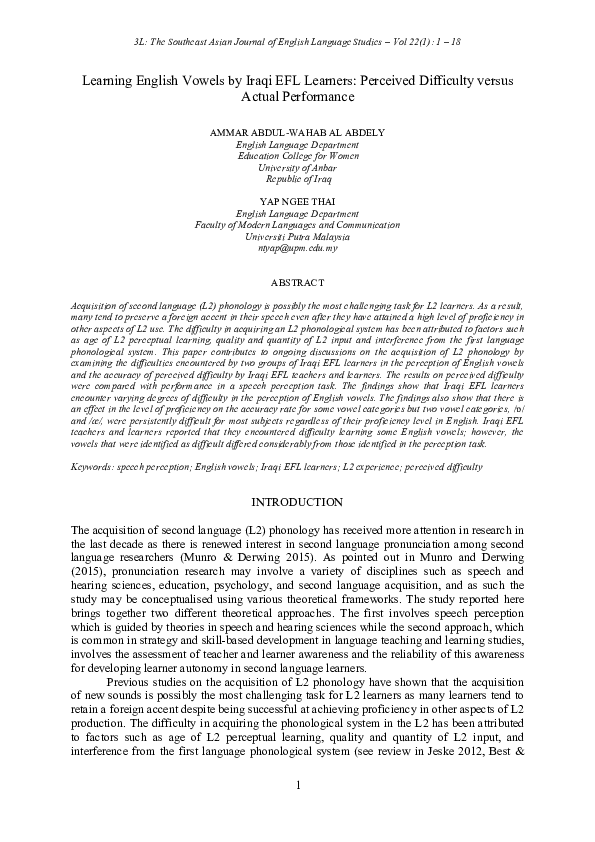 (PDF) Learning English Vowels by Iraqi EFL Learners: Perceived ...