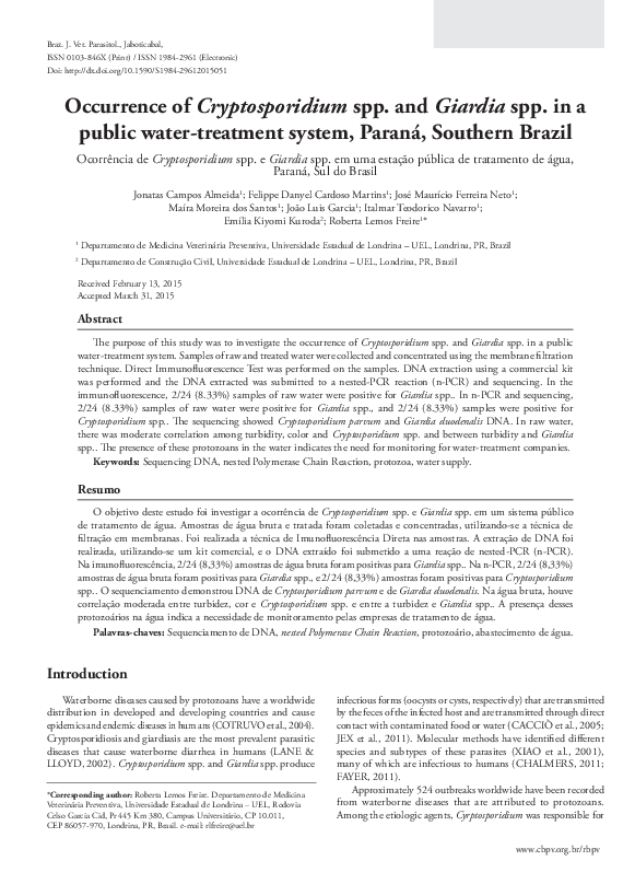 (PDF) Occurrence of Cryptosporidium spp. and Giardia spp. in a public ...