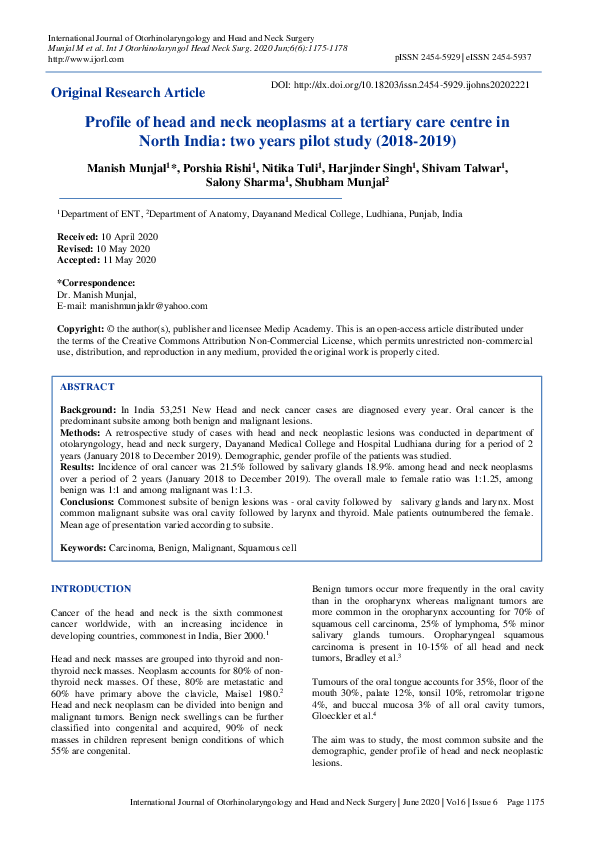 (PDF) Profile of head and neck neoplasms at a tertiary care centre in ...
