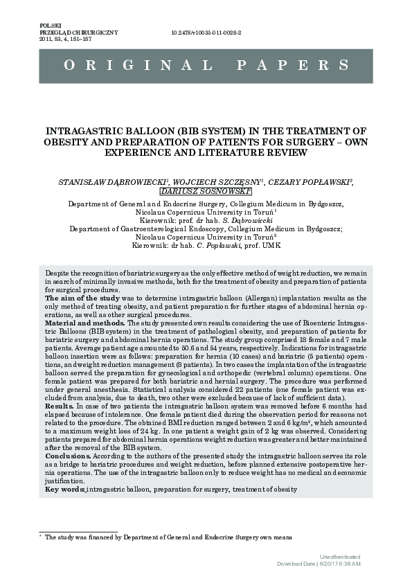 (PDF) Intragastric Balloon (BIB System) in the Treatment of Obesity and ...