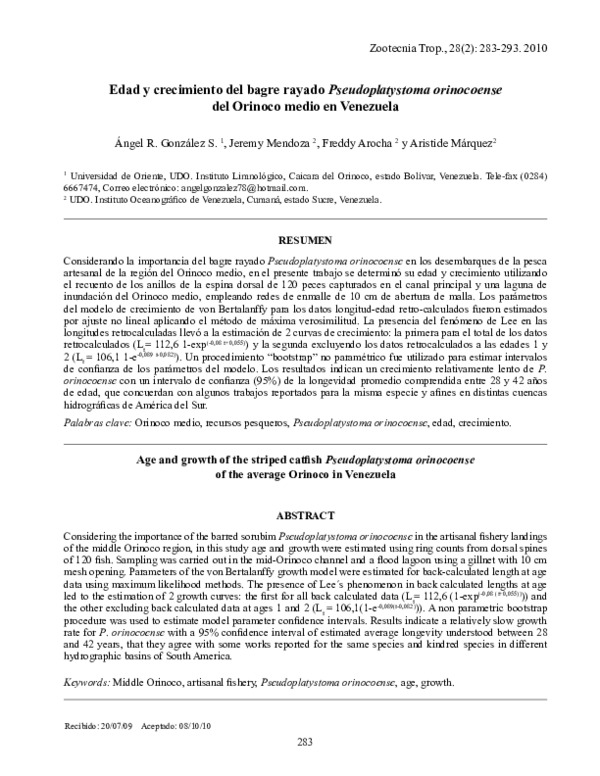 (PDF) Edad y crecimiento del bagre rayado Pseudoplatystoma orinocoense ...