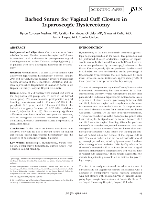 (PDF) Barbed Suture for Vaginal Cuff Closure in Laparoscopic Hysterectomy