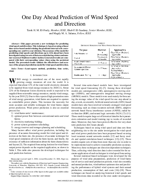 (PDF) One Day Ahead Prediction of Wind Speed and Direction