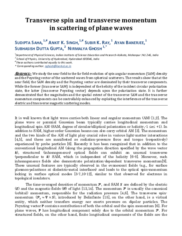 (PDF) Transverse spin and transverse momentum in scattering of plane waves