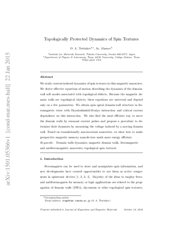 (PDF) Topologically protected dynamics of spin textures