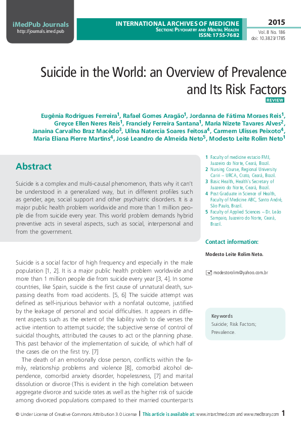 (PDF) Suicide In The World: An Overview Of Prevalence And Its Risk Factors