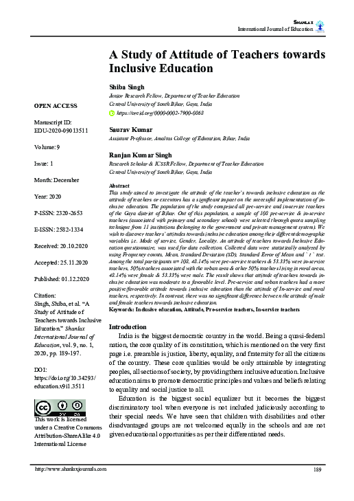 (PDF) A Study of Attitude of Teachers towards Inclusive Education