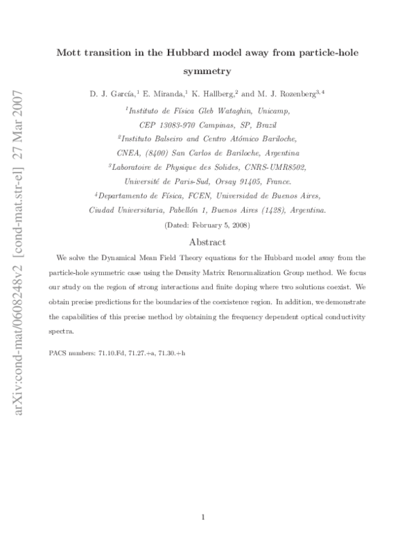 (PDF) Mott transition in the Hubbard model away from particle-hole symmetry