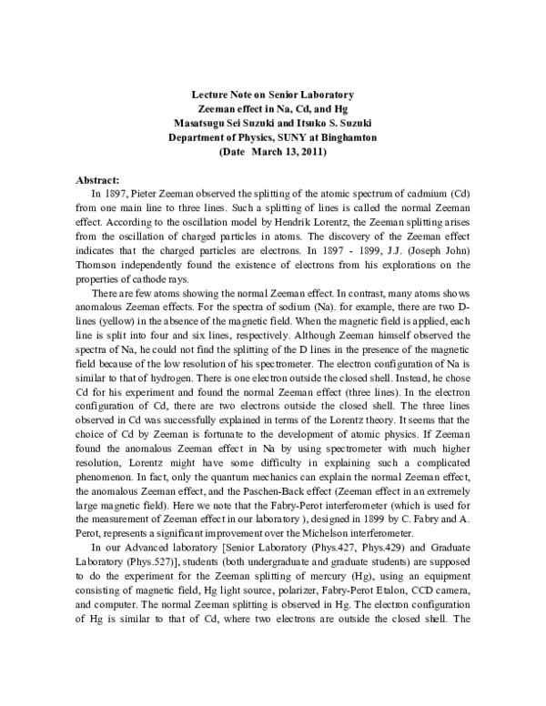 (PDF) Lecture Note on Senior Laboratory Zeeman effect in Na, Cd, and Hg