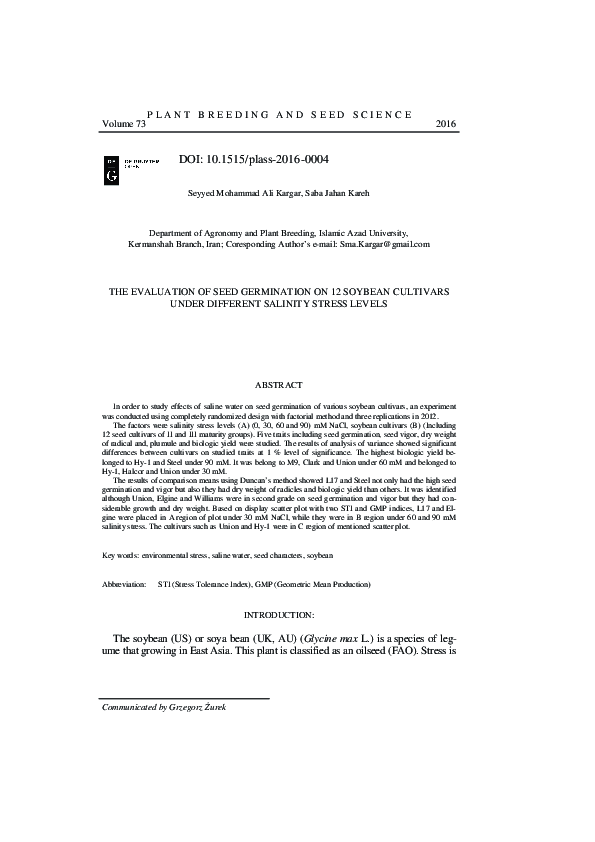 (PDF) The Evaluation of Seed Germination on 12 Soybean Cultivars Under ...