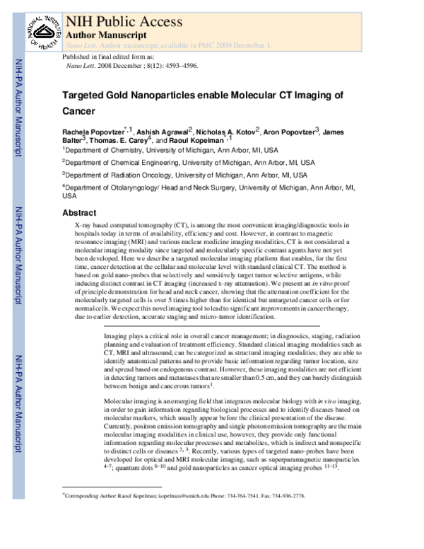 (PDF) Targeted Gold Nanoparticles Enable Molecular CT Imaging of Cancer