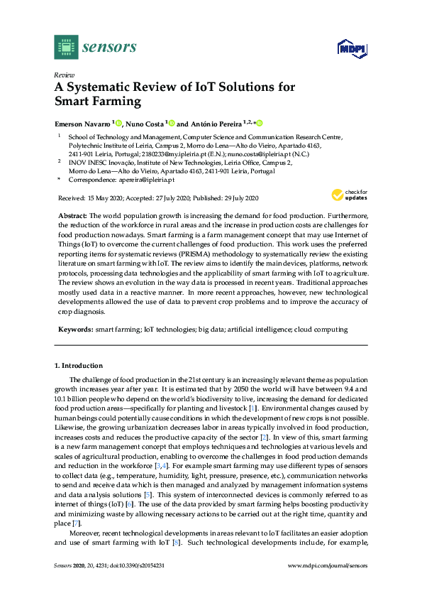 (PDF) A Systematic Review of IoT Solutions for Smart Farming