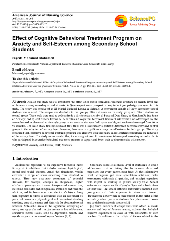 (PDF) Effect of Cognitive Behavioral Treatment Program on Anxiety and ...