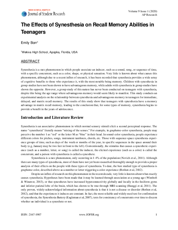 (PDF) The Effects of Synesthesia on Recall Memory Abilities in Teenagers