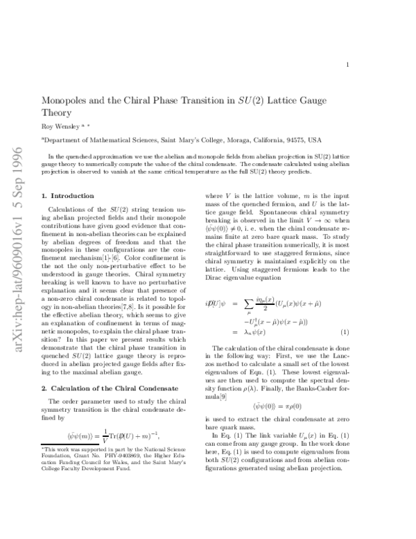(PDF) Monopoles and the chiral phase transition in SU(2) lattice gauge ...