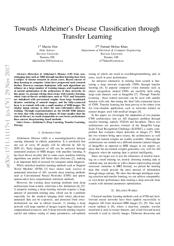 (PDF) Towards Alzheimer's disease classification through transfer learning