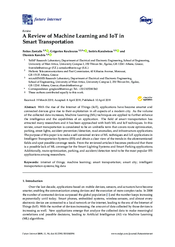 (PDF) A Review of Machine Learning and IoT in Smart Transportation